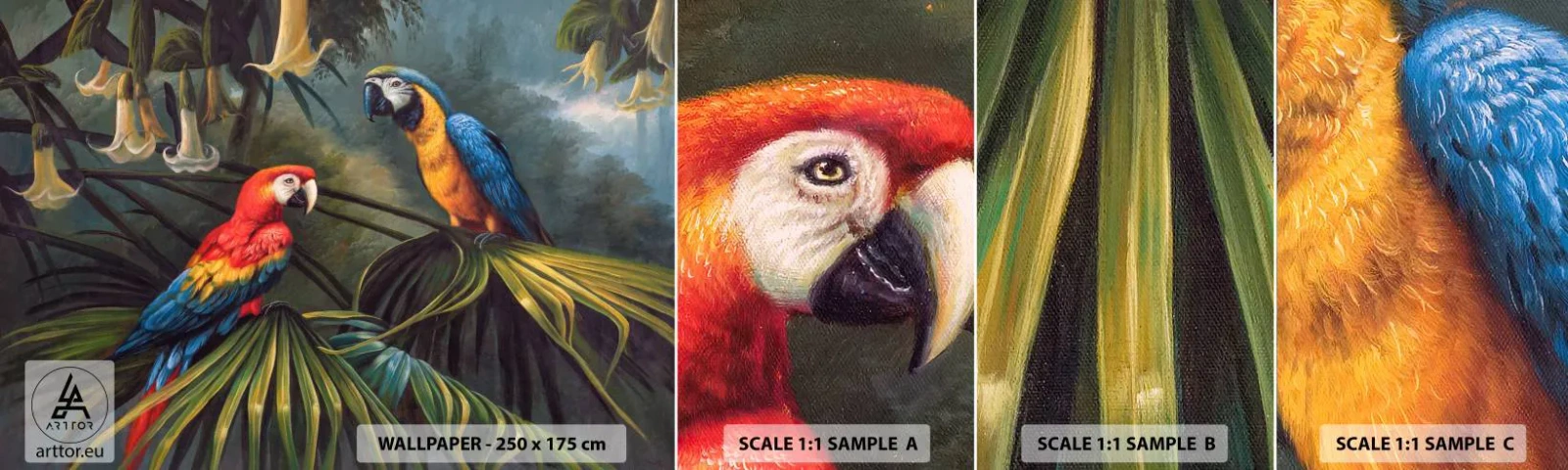 Échantillon de Papier Peint Autocollant Deluxe Sticker - Romantisme dans les tropiques - Perroquet Ara, Animaux, Forêt tropicale - 100x30 cm
