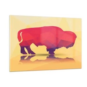 Impression sur verre - Image sur verre - Bison géométrique aux couleurs chaudes - 120x80cm - La force amarante du bison - Décoration murale moderne pour le salon et la chambre ARTTOR