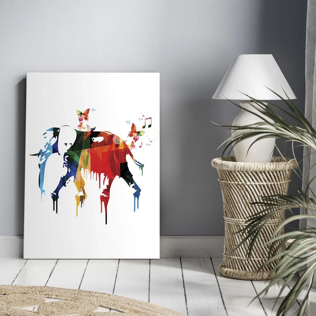 Impression sur toile - Image sur toile - Éléphant coloré avec des papillons dans un style géométrique moderne - 50x70cm - Tout le monde peut danser - Décoration murale moderne pour le salon et la chambre ARTTOR