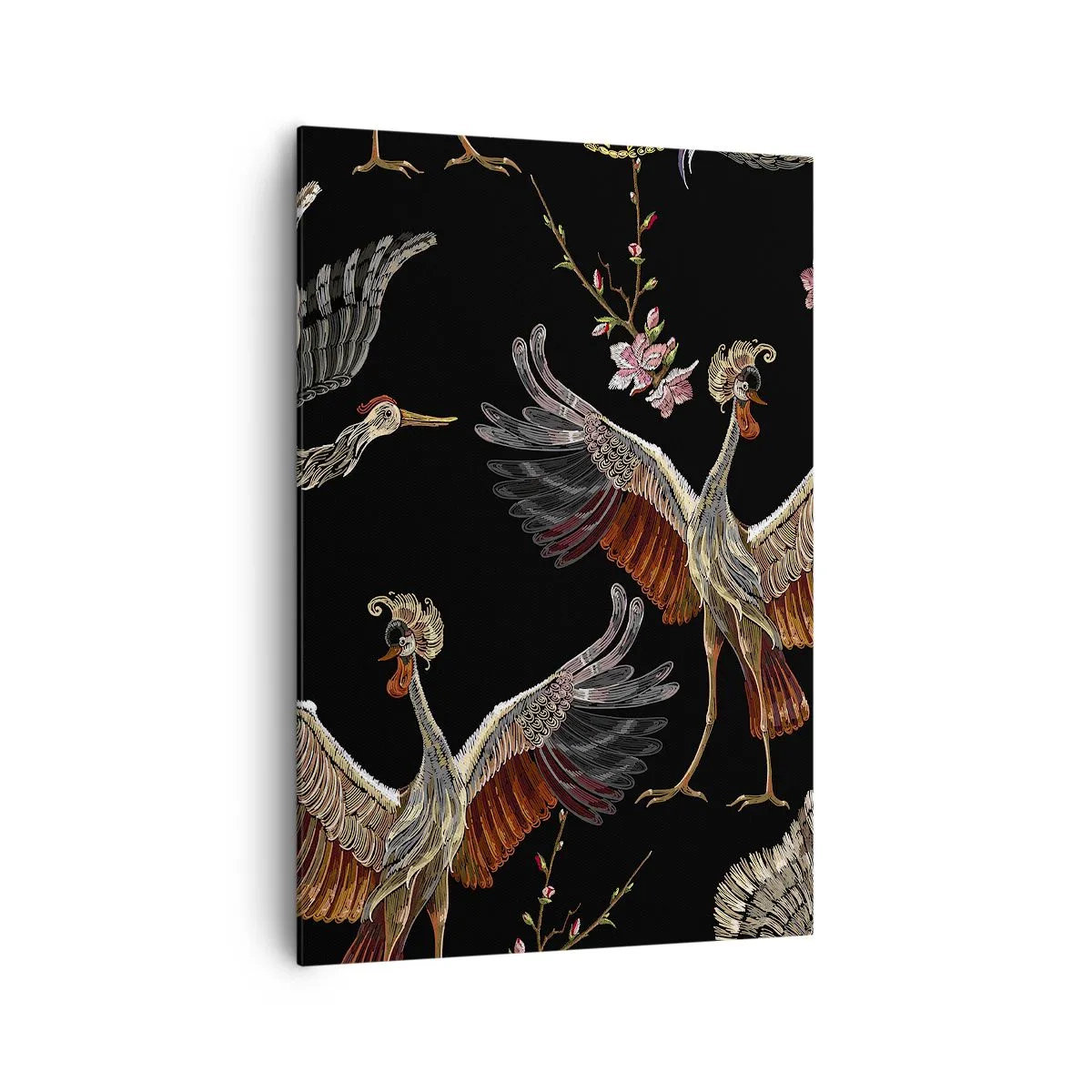 Impression sur toile - Image sur toile - Grues et fleurs élégantes sur fond noir - 70x100cm - Un oiseau de conte de fées - Décoration murale moderne pour le salon et la chambre ARTTOR
