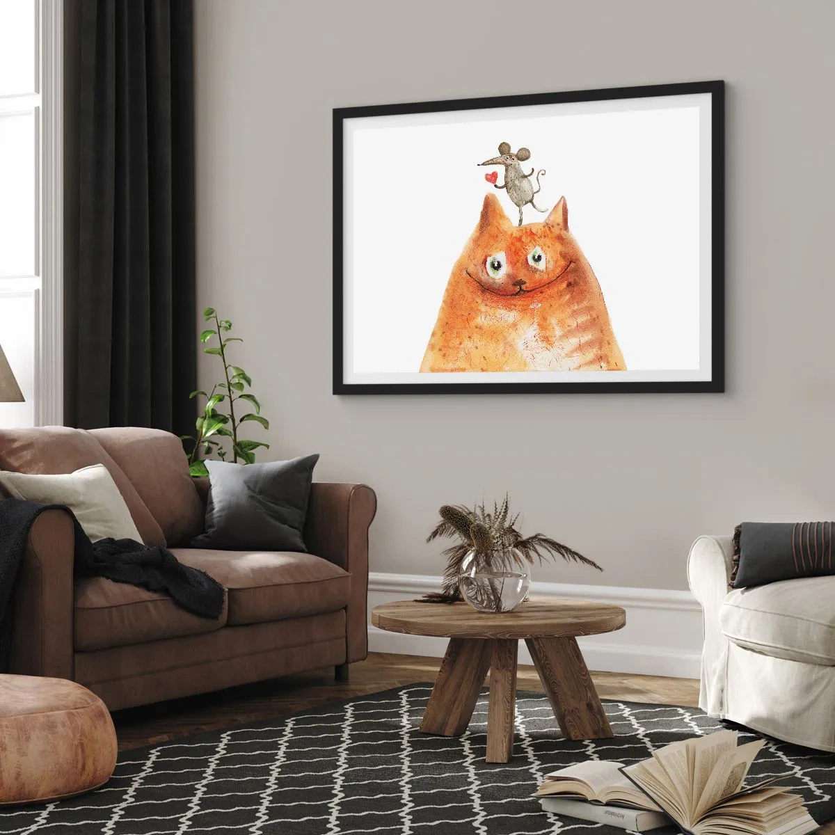 Affiche dans un cadre noir - Poster - Un dessin d'un chat avec une souris sur la tête tenant un cœur - 100x70cm - Amour paradoxal - Décoration murale moderne pour le salon et la chambre ARTTOR