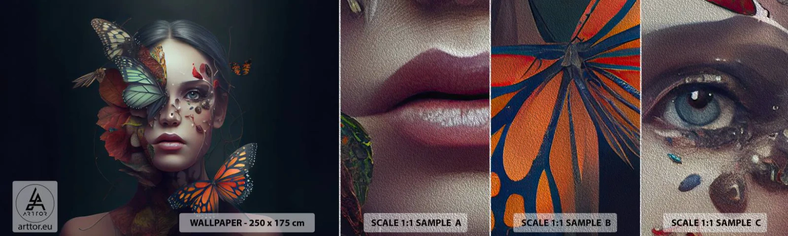 Échantillon de Papier Peint Premium Sand - Une merveilleuse métamorphose - Papillons, Affronter, Femme - 100x30 cm