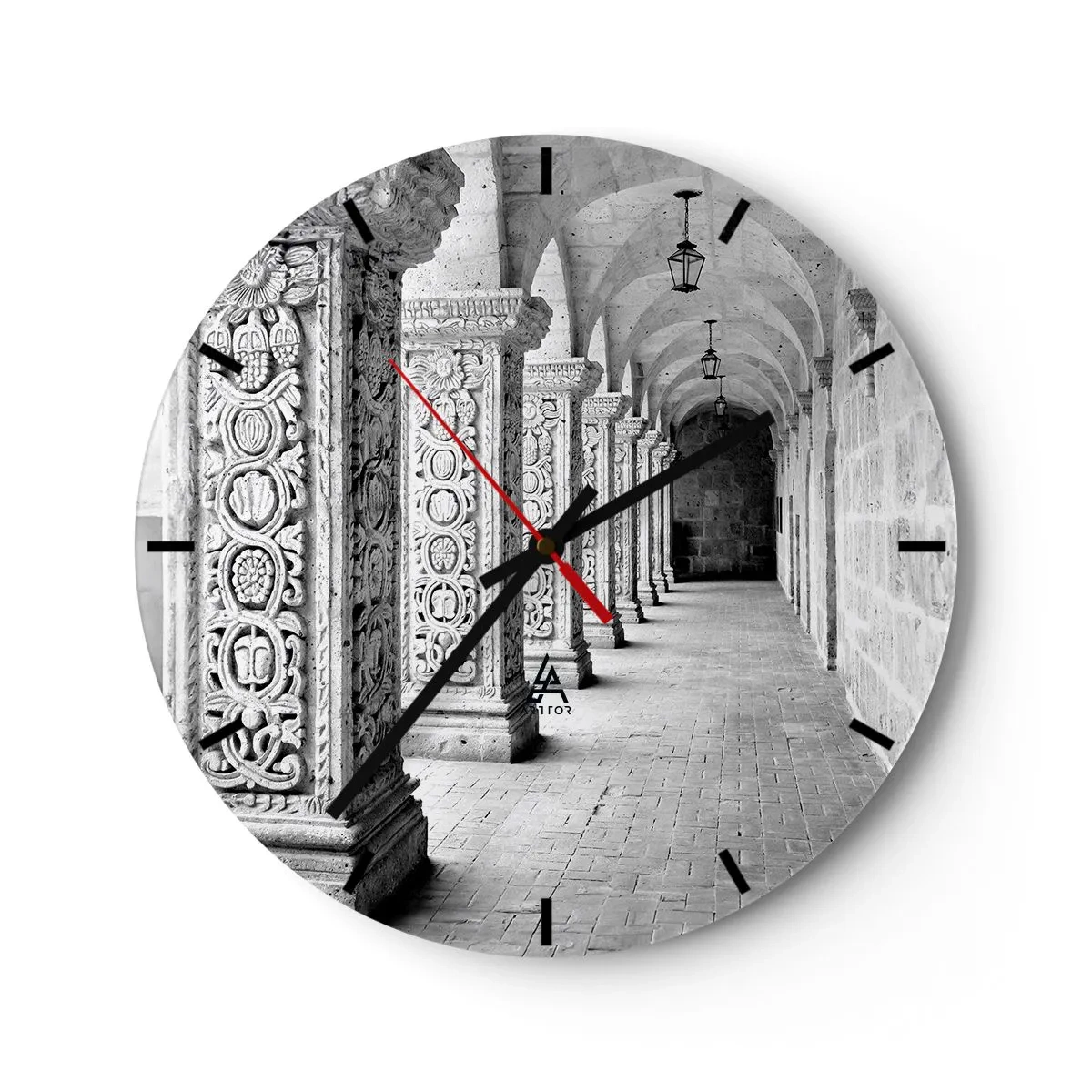 Horloge murale - Pendule murale - Couloir d'arcade noir et blanc avec colonnes sculptées - 30x30cm - Où cela mène-t-il…? - Décoration murale moderne pour le salon, la cuisine et la chambre ARTTOR