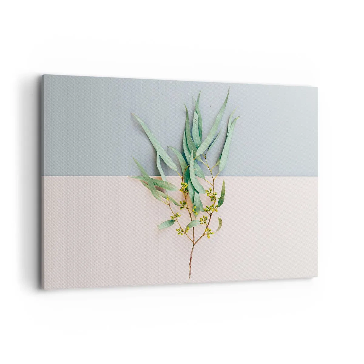 Impression sur toile - Image sur toile - Une branche avec des feuilles sur un fond de tons pastel - 100x70cm - Subtilité pastel - Décoration murale moderne pour le salon et la chambre ARTTOR