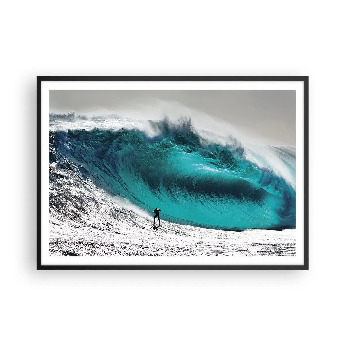 Affiche dans un cadre noir - Poster - Surfeur devant une énorme vague - 100x70cm - Challenge accepté - Décoration murale moderne pour le salon et la chambre ARTTOR
