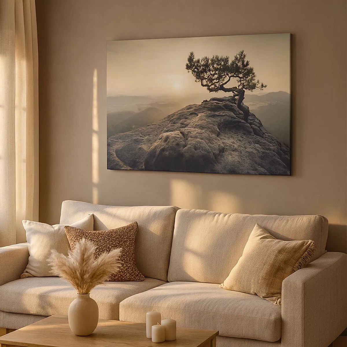 Impression sur toile - Image sur toile - Un arbre solitaire sur un pic rocheux au soleil - 70x50cm - La vie gagne toujours - Décoration murale moderne pour le salon et la chambre ARTTOR