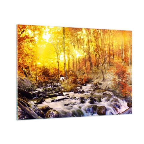 Impression sur verre - Image sur verre - Forêt d'automne avec une rivière dans les rayons de lumière chaude - 100x70cm - Pierres serties d'or et de platine - Décoration murale moderne pour le salon et la chambre ARTTOR