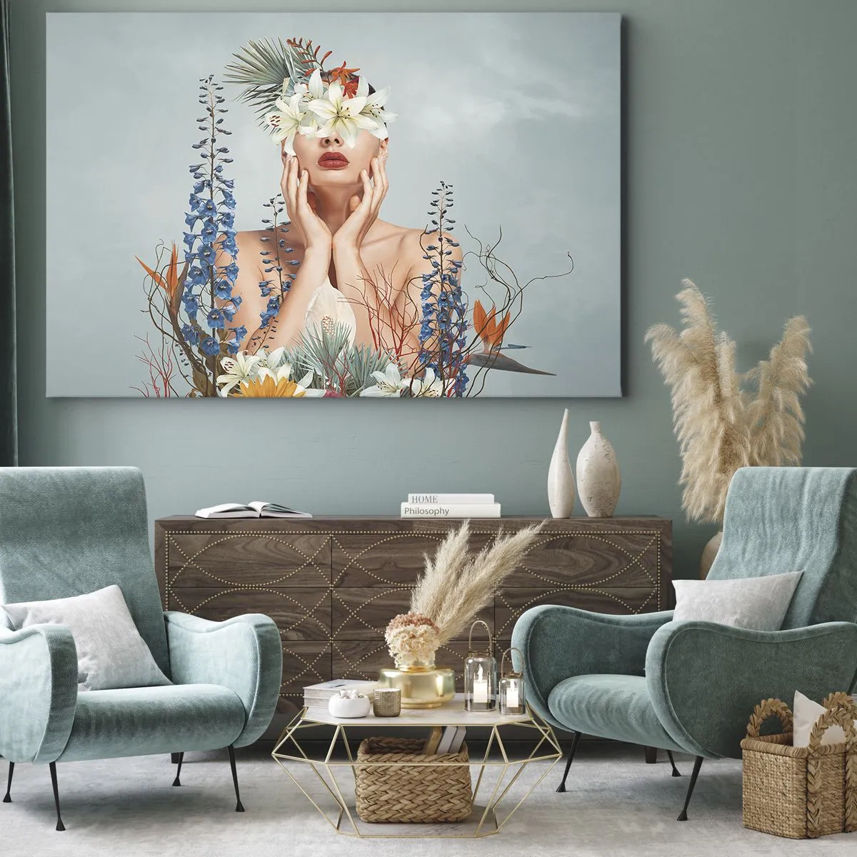 Impression sur toile - Image sur toile - Portrait d'une femme avec un motif floral sur fond bleu - 70x50cm - Femme - fleur - Décoration murale moderne pour le salon et la chambre ARTTOR