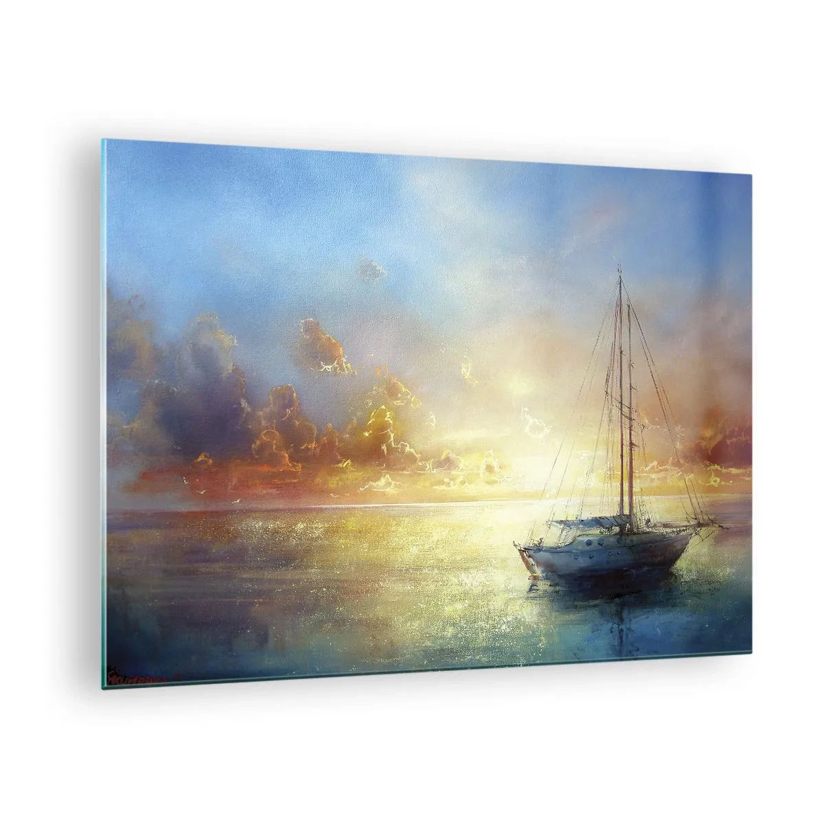 Impression sur verre - Image sur verre - Un voilier sur une mer calme au coucher du soleil doré - 70x50cm - Dans une baie dorée - Décoration murale moderne pour le salon et la chambre ARTTOR