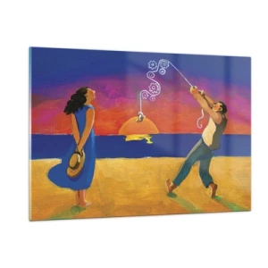 Impression sur verre - Image sur verre - Résumé coloré d'un couple sur la plage au coucher du soleil - 120x80cm - Plus qu'une étoile dans le ciel - Décoration murale moderne pour le salon et la chambre ARTTOR