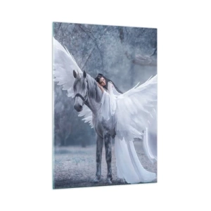 Impression sur verre - Image sur verre - Pégase aux ailes blanches et une femme en robe dans une forêt mystique - 50x70cm - Un moment inspiré - Décoration murale moderne pour le salon et la chambre ARTTOR