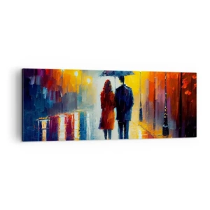 Impression sur toile - Image sur toile - Un couple sous un parapluie se promenant dans une ville nocturne colorée - 140x50cm - Ensemble – une nuit colorée - Décoration murale moderne pour le salon et la chambre ARTTOR