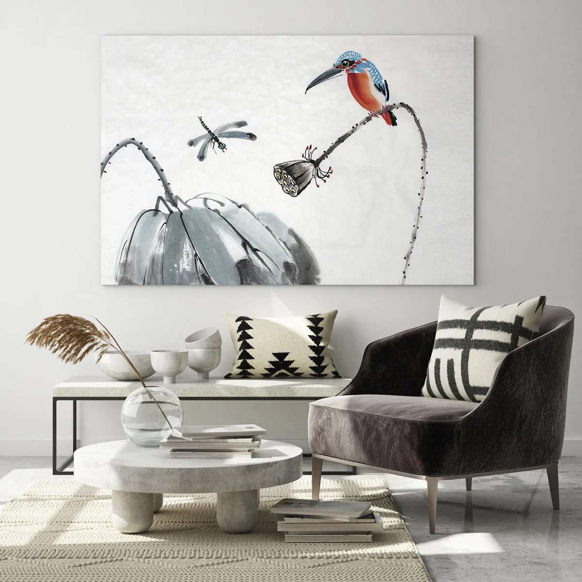Impression sur verre - Image sur verre - Illustration d'un oiseau coloré et d'une libellule sur fond de végétation - 120x80cm - La vie du champ - Décoration murale moderne pour le salon et la chambre ARTTOR