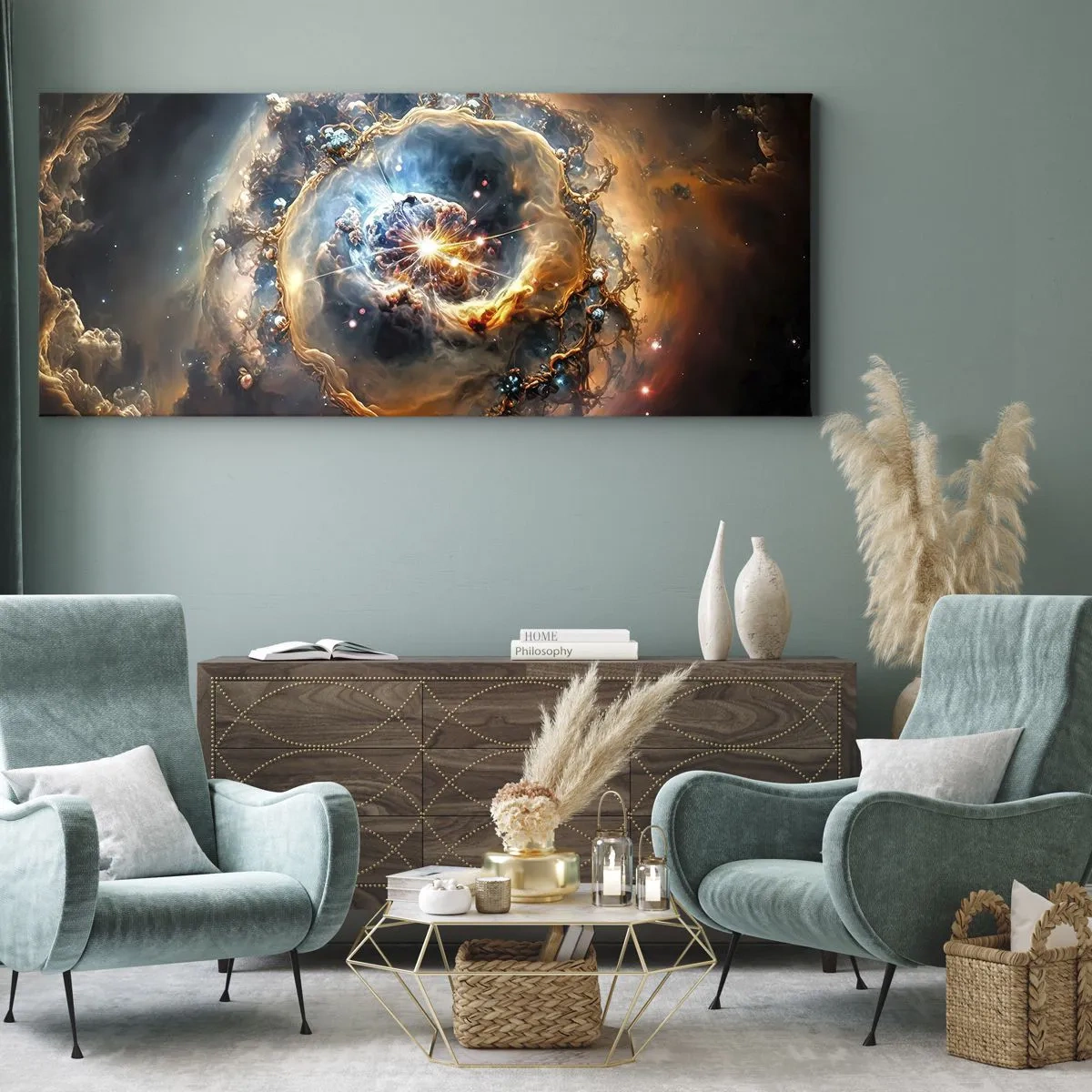 Impression sur toile - Image sur toile - Une vision abstraite d'une explosion cosmique dans des tons d'or et de bleu. - 160x50cm - Le début - Décoration murale moderne pour le salon et la chambre ARTTOR