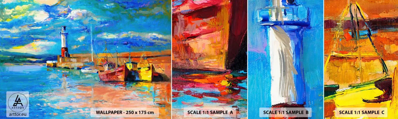 Échantillon De Papier Peint Standard Eco - Un après-midi dans la baie arc-en-ciel - Port des Pêcheurs, Bateau de pêche, Phare - 100x30 cm