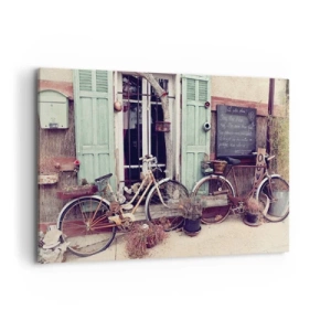 Impression sur toile - Image sur toile - Vélos vintage devant une porte en bois aux volets pastel - 120x80cm - Que la province vive - Décoration murale moderne pour le salon et la chambre ARTTOR
