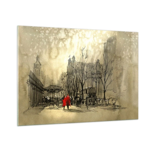 Impression sur verre - Image sur verre - Un rendez-vous dans le brouillard londonien avec un accent de manteau rouge - 100x70cm - Rendez-vous dans le brouillard de Londres - Décoration murale moderne pour le salon et la chambre ARTTOR