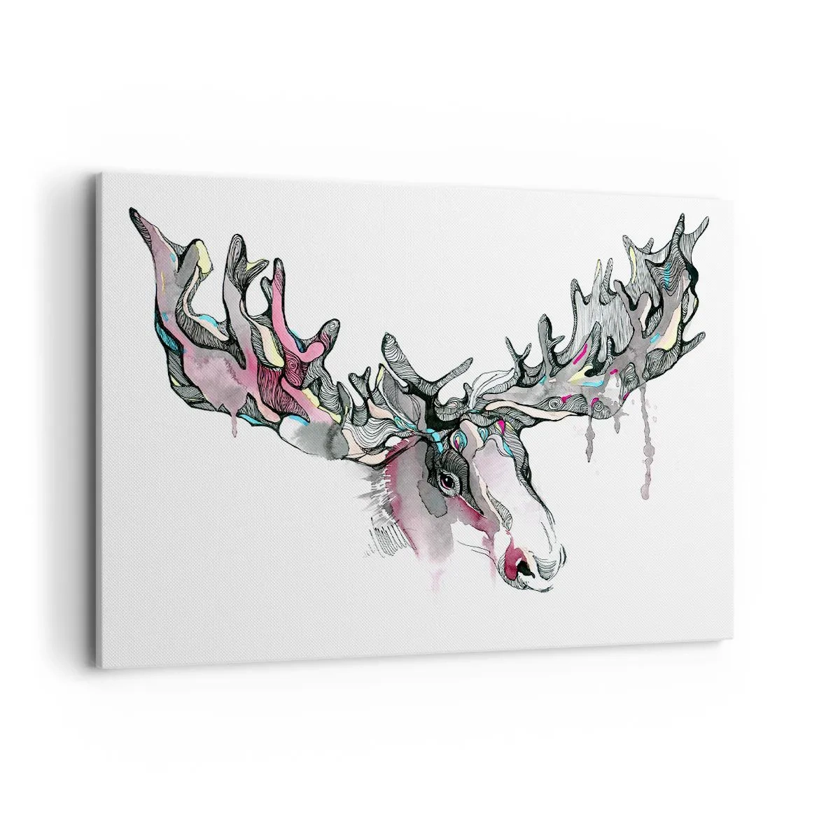 Impression sur toile - Image sur toile - Aquarelle artistique d'un élan aux bois riches - 120x80cm - Couronne du roi de la forêt - Décoration murale moderne pour le salon et la chambre ARTTOR