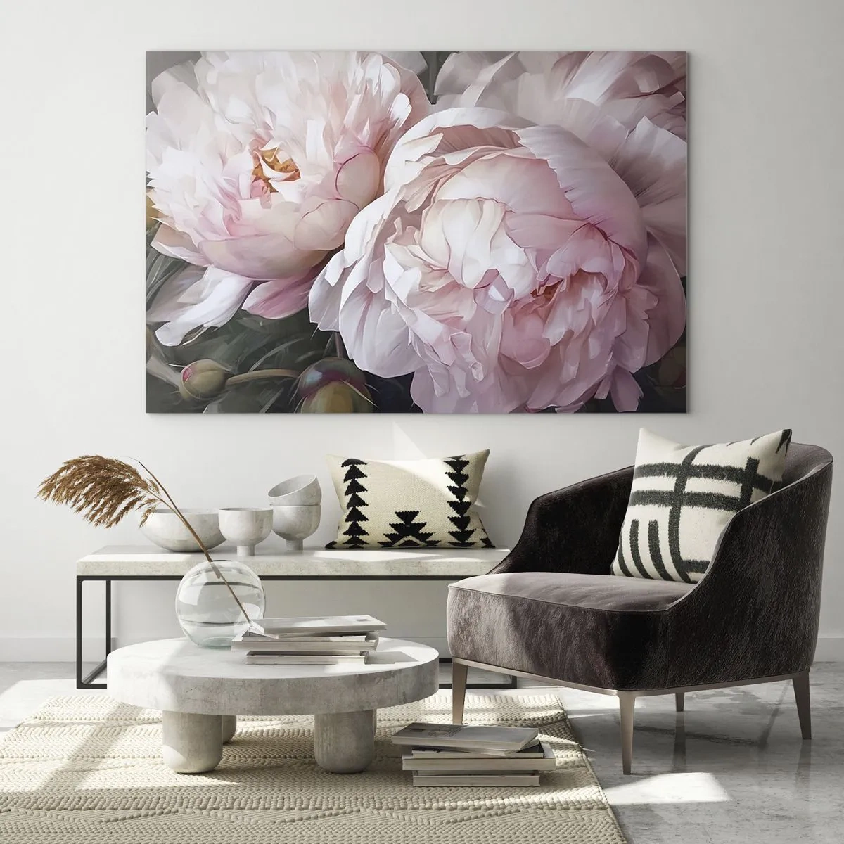 Impression sur verre - Image sur verre - Pivoines délicates dans une teinte rose clair en gros plan - 70x50cm - Arrêté en pleine floraison - Décoration murale moderne pour le salon et la chambre ARTTOR