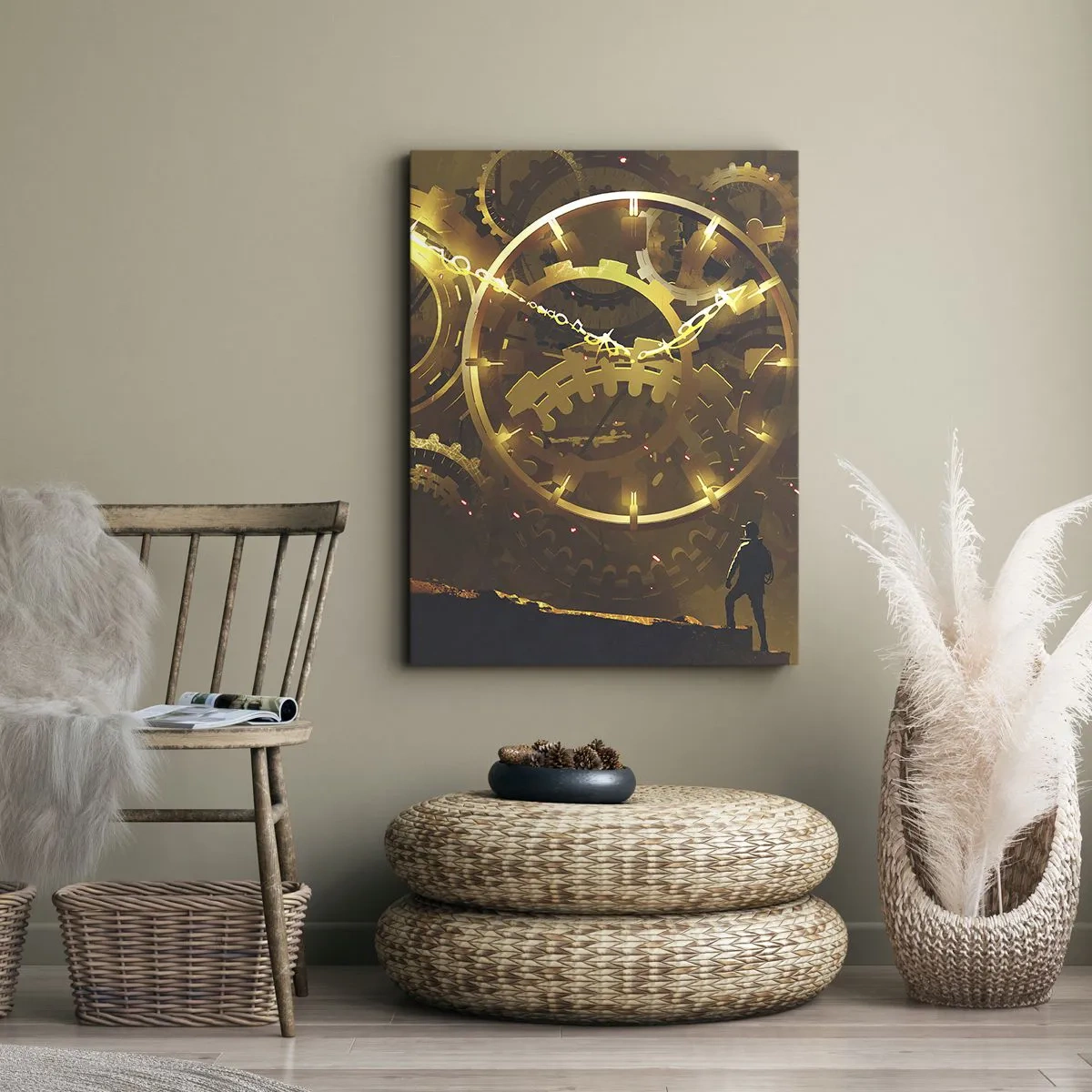 Impression sur toile - Image sur toile - Engrenages dorés dans un décor surréaliste avec une figurine - 50x70cm - À la source du temps - Décoration murale moderne pour le salon et la chambre ARTTOR