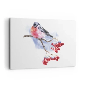 Impression sur toile - Image sur toile - Oiseau sur une branche avec des fruits rouges sur fond aquarelle - 120x80cm - L'hiver en couleurs - Décoration murale moderne pour le salon et la chambre ARTTOR