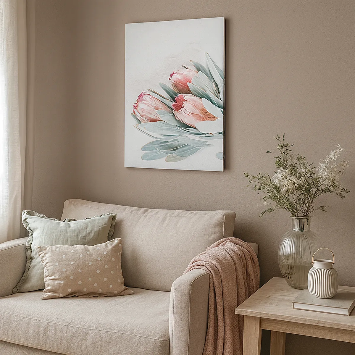 Impression sur toile - Image sur toile - Fleurs de protéa roses subtiles sur fond clair - 50x70cm - Honte de leur propre beauté - Décoration murale moderne pour le salon et la chambre ARTTOR