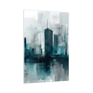 Impression sur verre - Image sur verre - Une ville moderne aux tons turquoise et gris - 70x100cm - Une ville couleur de pluie - Décoration murale moderne pour le salon et la chambre ARTTOR
