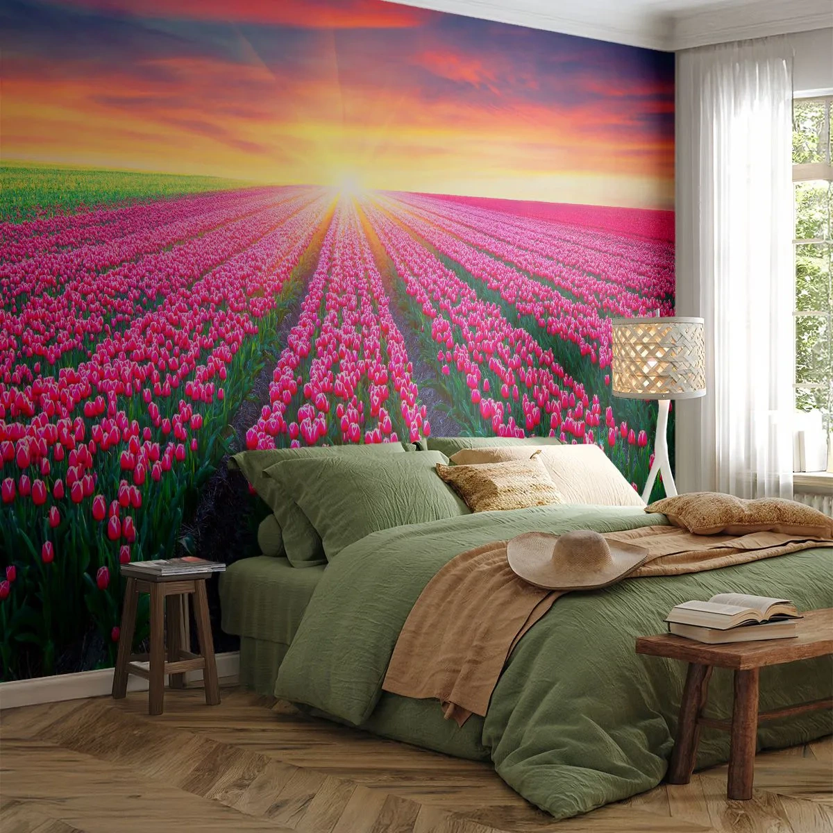 Papier Peint Photo Premium Canvas - Ferme de la beauté - Fleurs, Tulipes, Coucher de soleil - 250x175 cm