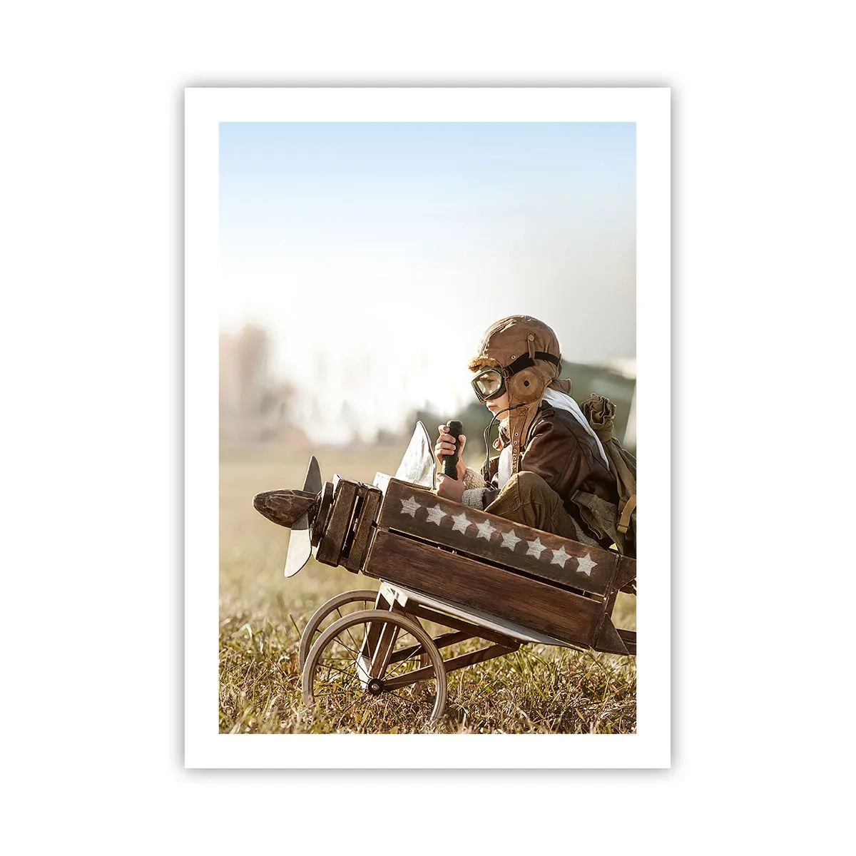 Affiche - Poster - Un enfant dans un avion en bois avec des étoiles en arrière-plan - 50x70cm - Départ vers un rêve - Décoration murale moderne pour le salon et la chambre ARTTOR