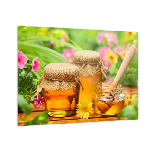 Impression sur verre - Image sur verre - Pots de miel sur fond de fleurs dans le jardin - 100x70cm - Doux et fleuri - Décoration murale moderne pour le salon et la chambre ARTTOR