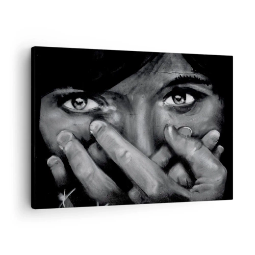 Impression sur toile - Image sur toile - Portrait en noir et blanc d'une femme se couvrant le visage avec ses mains. - 70x50cm - Je ne dirai pas qui a peint - Décoration murale moderne pour le salon et la chambre ARTTOR