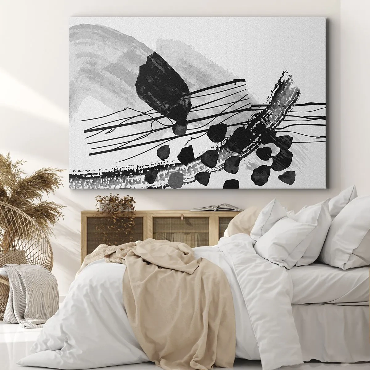 Impression sur toile - Image sur toile - Composition abstraite en noir et blanc avec des formes organiques - 120x80cm - Abstraction organique noir et blanc - Décoration murale moderne pour le salon et la chambre ARTTOR