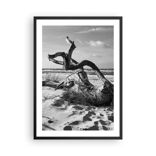 Affiche dans un cadre noir - Poster - Photographie en noir et blanc d'un arbre sec sur la plage - 50x70cm - Sculpture marine - Décoration murale moderne pour le salon et la chambre ARTTOR