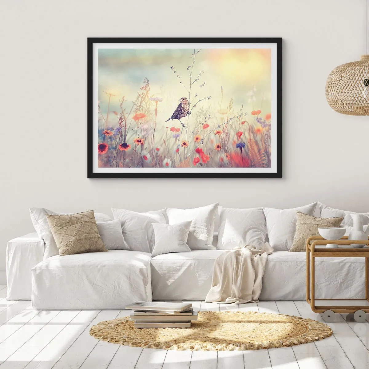 Affiche dans un cadre noir - Poster - Portrait d'oiseau sur pré en fond - 40x30 cm