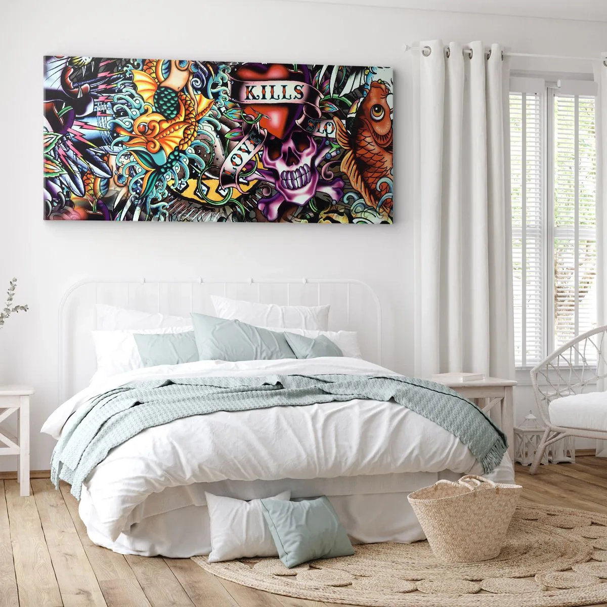Impression sur toile - Image sur toile - Œuvre d'art colorée de style tatouage avec des crânes et des motifs nautiques - 160x50cm - Le rêve du tatoueur - Décoration murale moderne pour le salon et la chambre ARTTOR