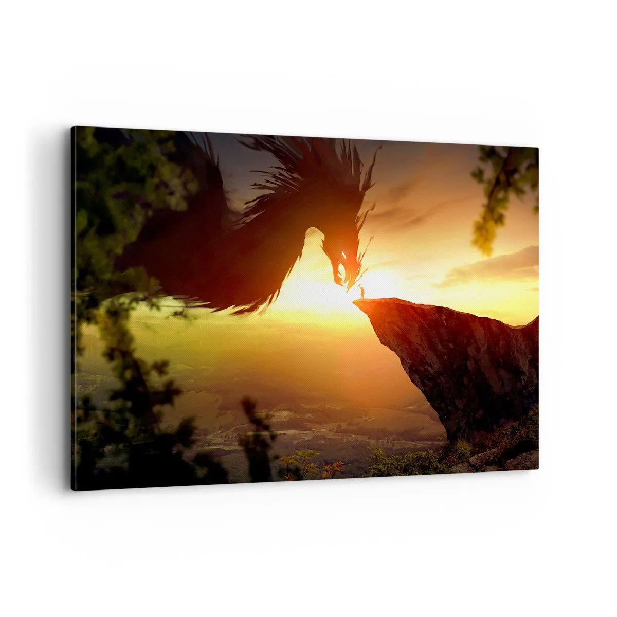 Impression sur toile - Image sur toile - Un dragon et un homme sur un rocher dans la lueur du soleil couchant - 120x80cm - Chasseur de dragon - Décoration murale moderne pour le salon et la chambre ARTTOR