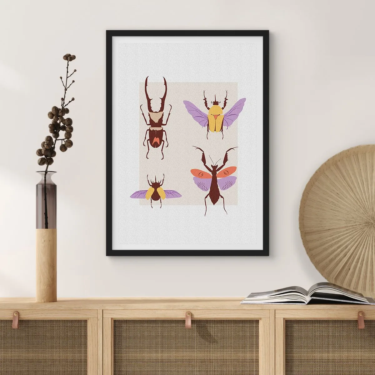 Affiche dans un cadre noir - Poster - Coléoptères colorés sur fond clair - 50x70cm - Le monde des insectes - Décoration murale moderne pour le salon et la chambre ARTTOR