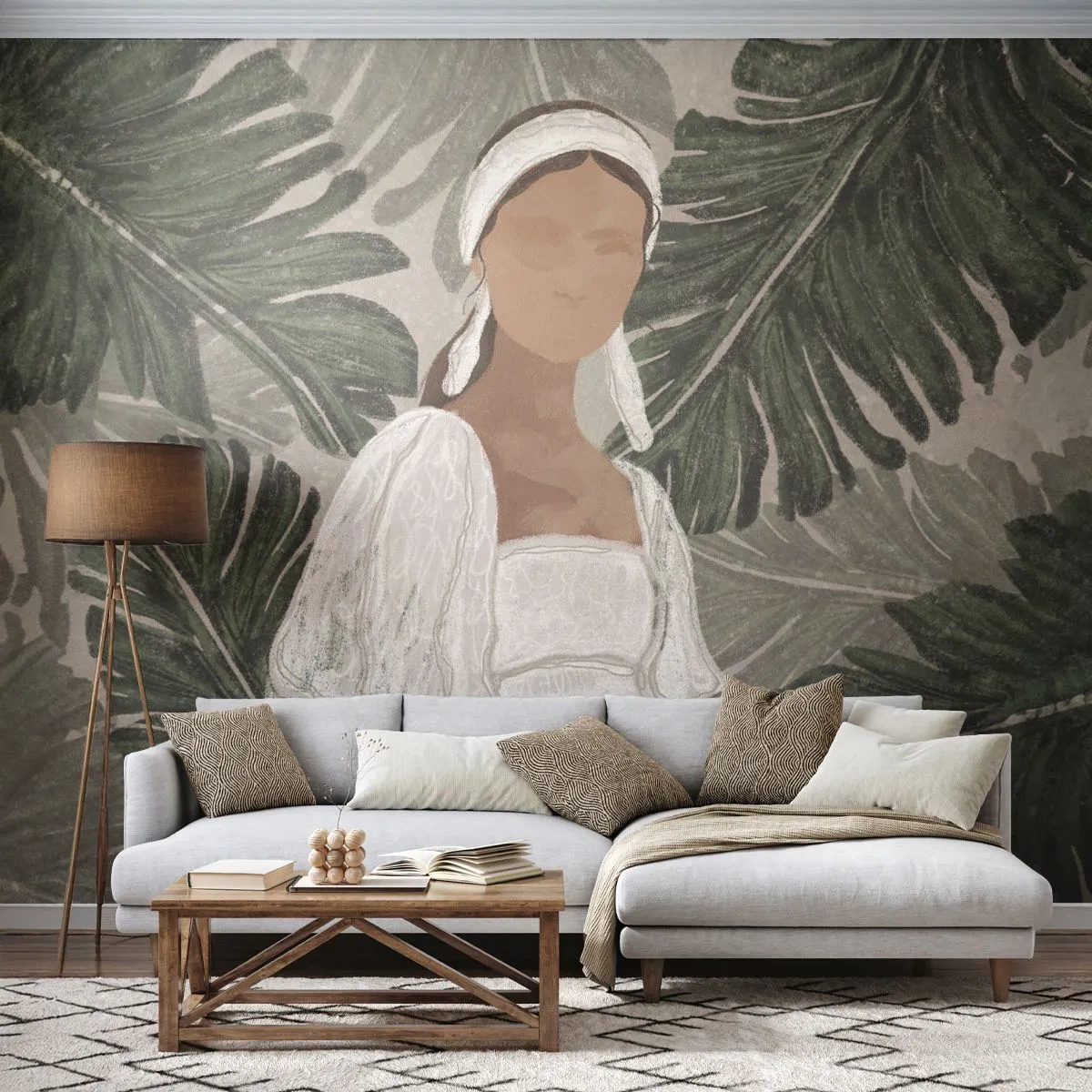 Papier Peint Photo Premium Sand - La figure d'une femme en robe blanche sur un fond de feuilles exotiques - 100x70cm - Portrait exotique - Décoration murale moderne pour le salon et la chambre ARTTOR
