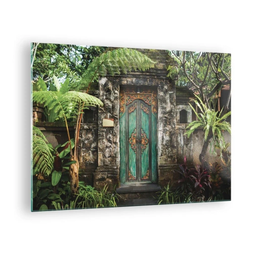 Impression sur verre - Image sur verre - Porte turquoise ornée dans un mur de pierre entouré de végétation tropicale - 70x50cm - Porte vers un monde exotique - Décoration murale moderne pour le salon et la chambre ARTTOR