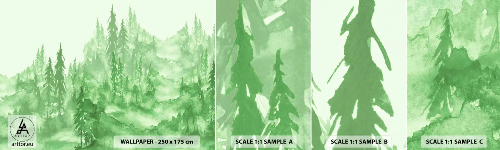 Échantillon De Papier Peint Standard Eco - Flou de brouillard vert - Forêt, Graphique, Paysage - 100x30 cm