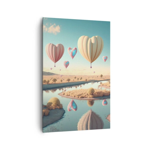 Impression sur toile - Image sur toile - Des ballons en forme de cœur flottant au-dessus du paysage - 80x120cm - L'amour te permet de t'élever - Décoration murale moderne pour le salon et la chambre ARTTOR