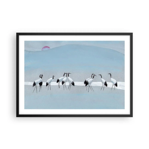 Affiche dans un cadre noir - Poster - Un groupe de grues contre un ciel bleu et le soleil levant - 70x50cm - Après une chaude journée - Décoration murale moderne pour le salon et la chambre ARTTOR