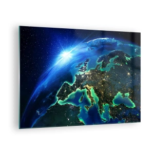 Impression sur verre - Image sur verre - Vue de la Terre depuis l'espace avec Europe illuminée la nuit - 70x50cm - Europe pétillante - Décoration murale moderne pour le salon et la chambre ARTTOR