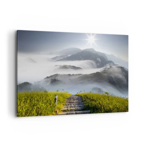 Impression sur toile - Image sur toile - Escaliers en pierre menant à travers les montagnes enveloppées de brume matinale - 120x80cm - Toujours plus haut vers les nuages - Décoration murale moderne pour le salon et la chambre ARTTOR