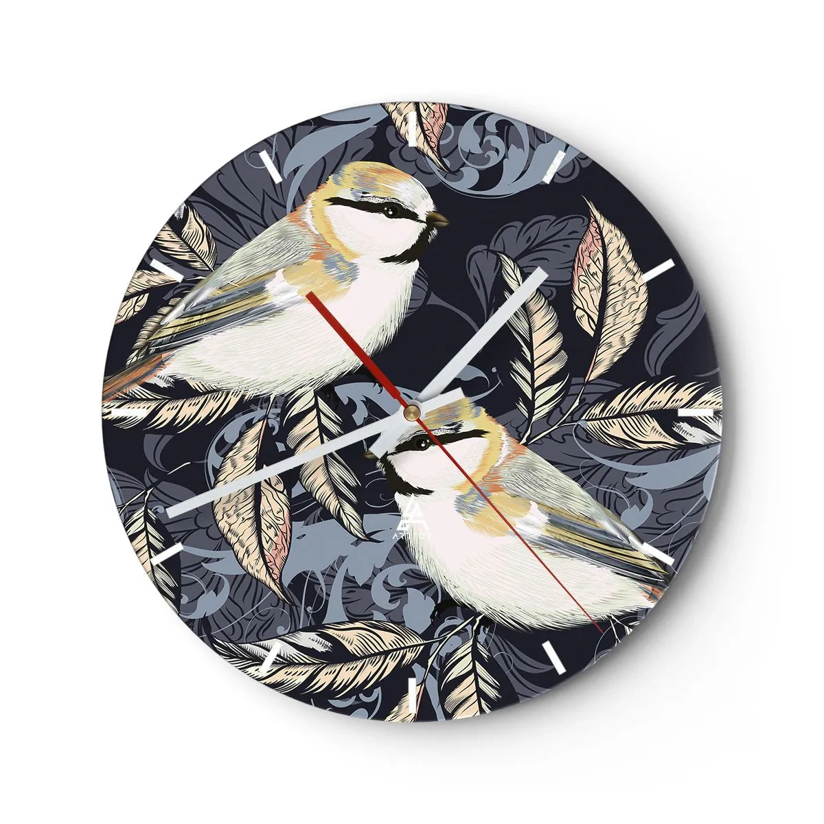 Horloge murale - Pendule murale - Illustration de deux oiseaux sur un fond de feuilles décoratives - 30x30cm - Babillement jaune et bleu - Décoration murale moderne pour le salon, la cuisine et la chambre ARTTOR