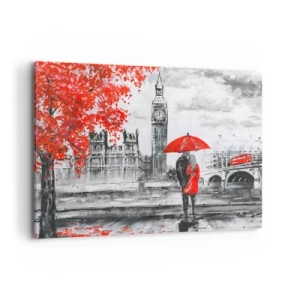 Impression sur toile - Image sur toile - Scène romantique avec Big Ben et un parapluie rouge - 120x80cm - Amoureux de Londres - Décoration murale moderne pour le salon et la chambre ARTTOR