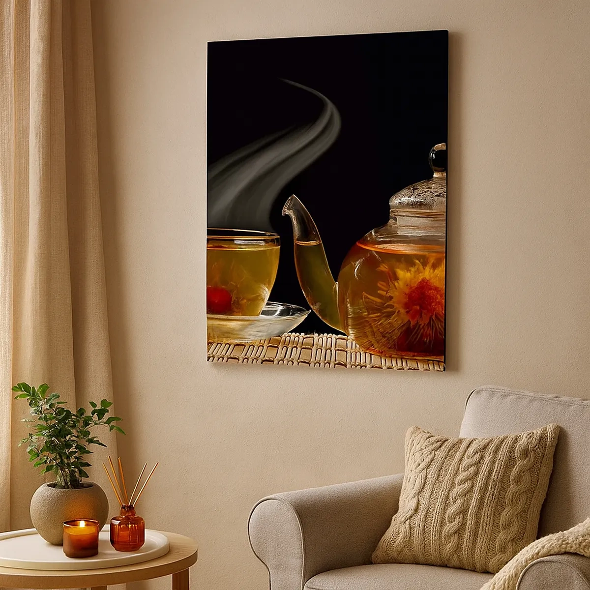 Impression sur toile - Image sur toile - Théière en verre avec thé aux fleurs et une tasse - 50x70cm - La magie et l'art de l'infusion du thé - Décoration murale moderne pour le salon et la chambre ARTTOR