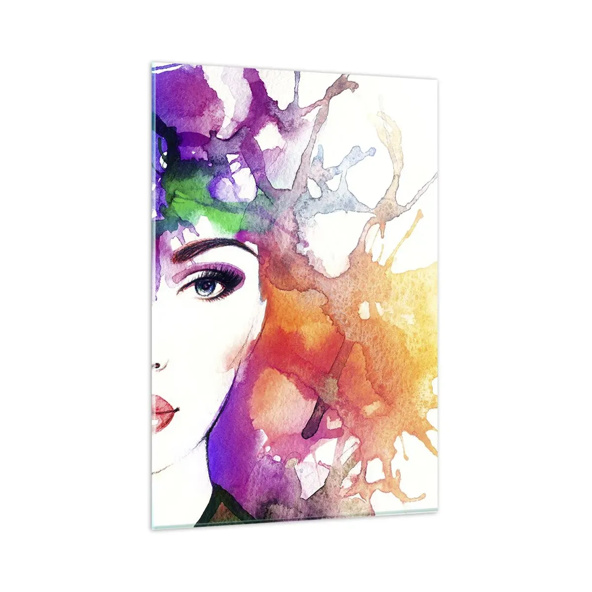 Impression sur verre - Image sur verre - Portrait d'une femme aux couleurs aquarelles avec des taches abstraites - 80x120cm - Avec la tête dans les nuages - Décoration murale moderne pour le salon et la chambre ARTTOR