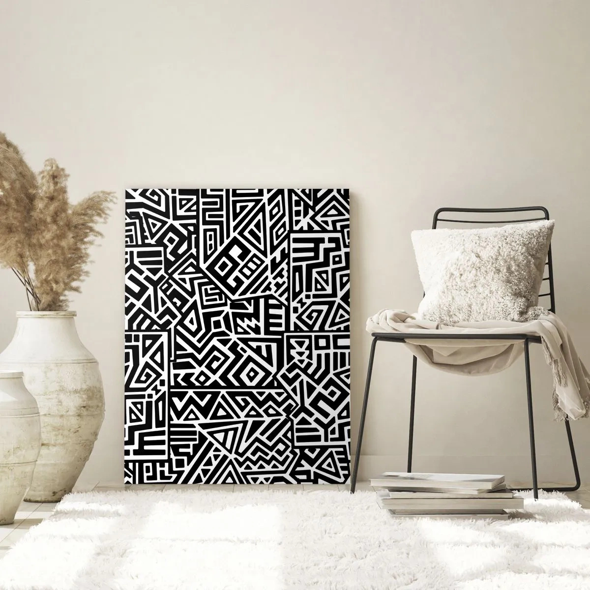 Impression sur verre - Image sur verre - Motif noir et blanc inspiré de l'art tribal - 50x70cm - Composition précolombienne - Décoration murale moderne pour le salon et la chambre ARTTOR