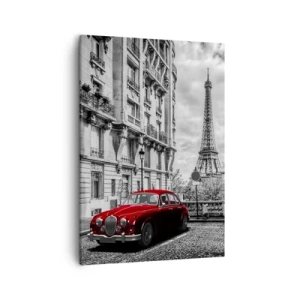 Impression sur toile - Image sur toile - Une voiture rouge avec la Tour Eiffel en arrière-plan dans un décor noir et blanc - 50x70cm - Prédateur dans la ville - Décoration murale moderne pour le salon et la chambre ARTTOR